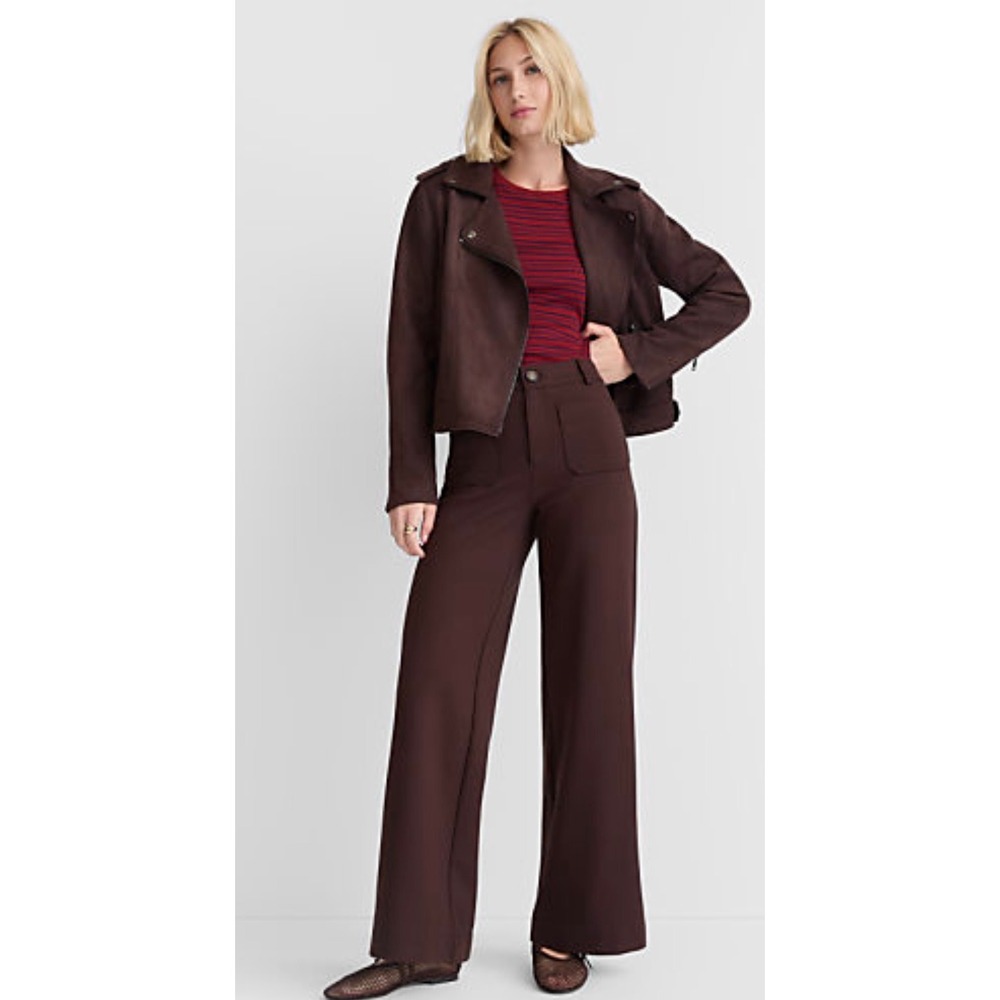 Loft The Palmer Wide Leg Pants Brown Faux Leather Pocket High Rise Size 6 NWT